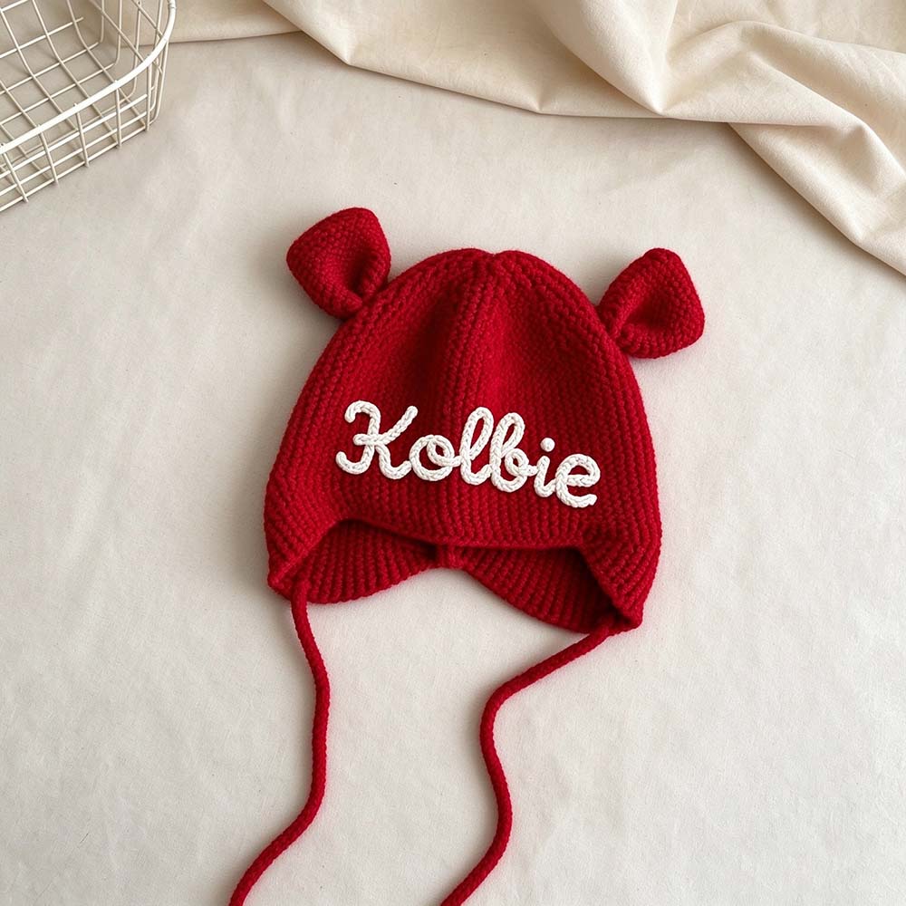 Personalized Hand Embroidered Bear Ears Baby Knit Beanie Hat | CWBaby563