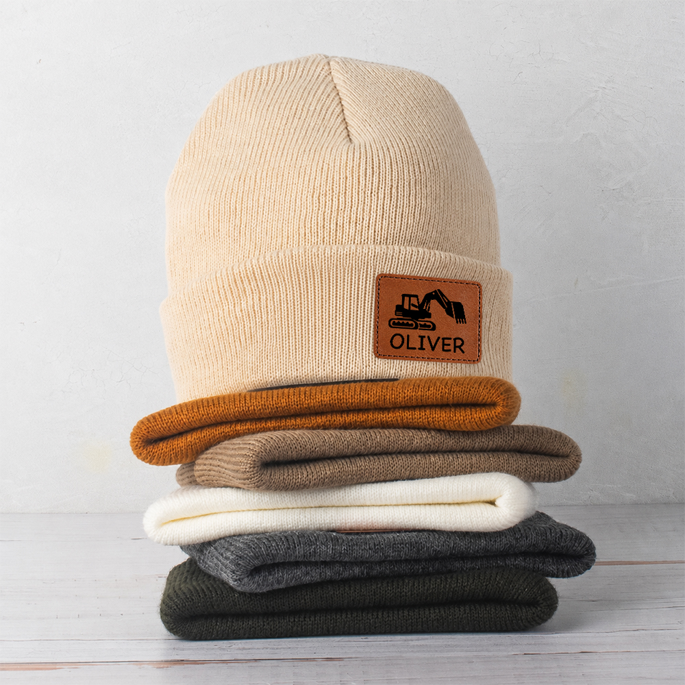 Personalized Kids Dinosaur & Excavator Leather Patch Beanie Hat | HSKid100