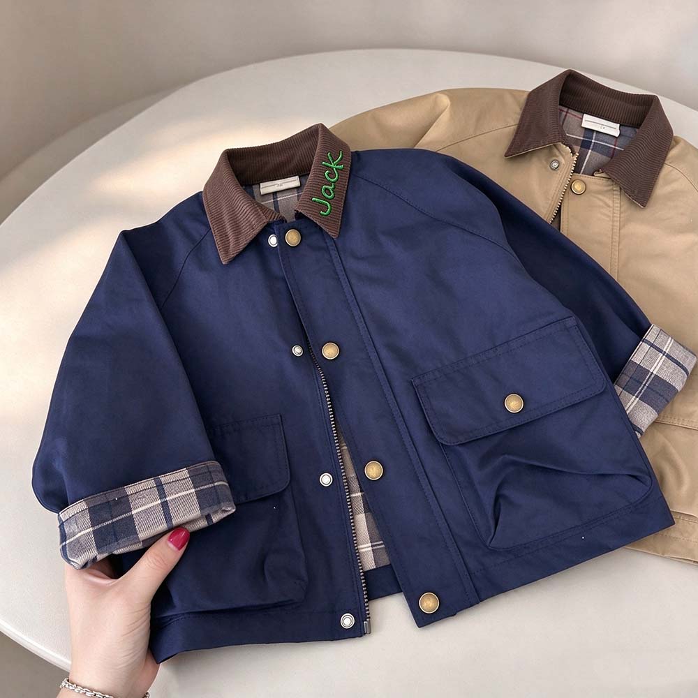 Personalized Embroidered Kids Plaid Patchwork Jacket | CWBaby556