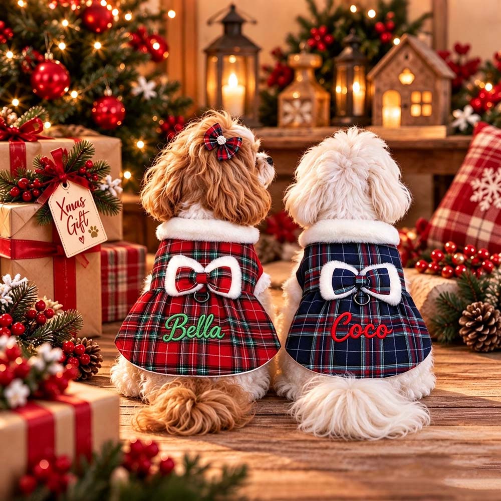 Personalized Embroidered Christmas Pet Plaid Dress | MCGift434