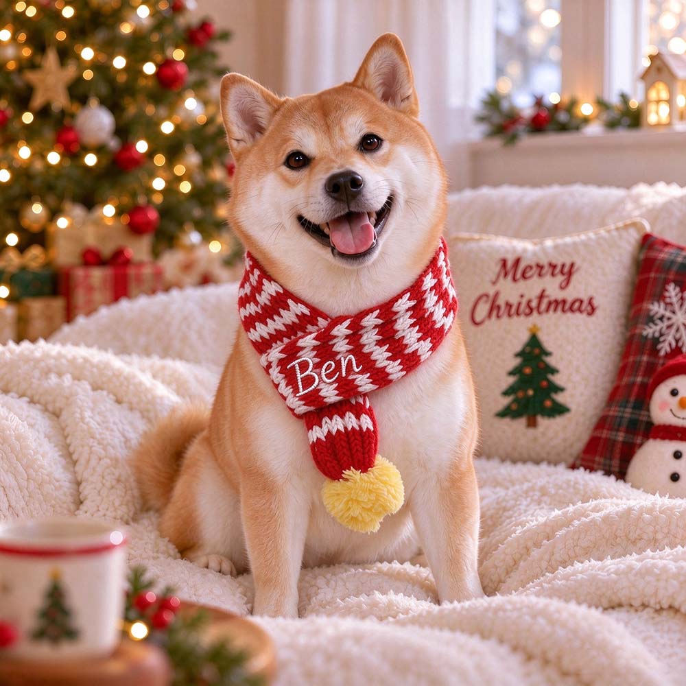Personalized Embroidered Christmas Pet Pom Pom Scarf | MCGift437