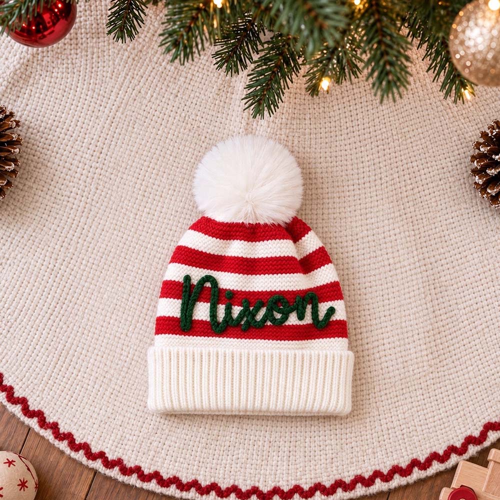 Personalized Hand Embroidery Kids Stripe Pom Pom Beanie Hat | MCGift441