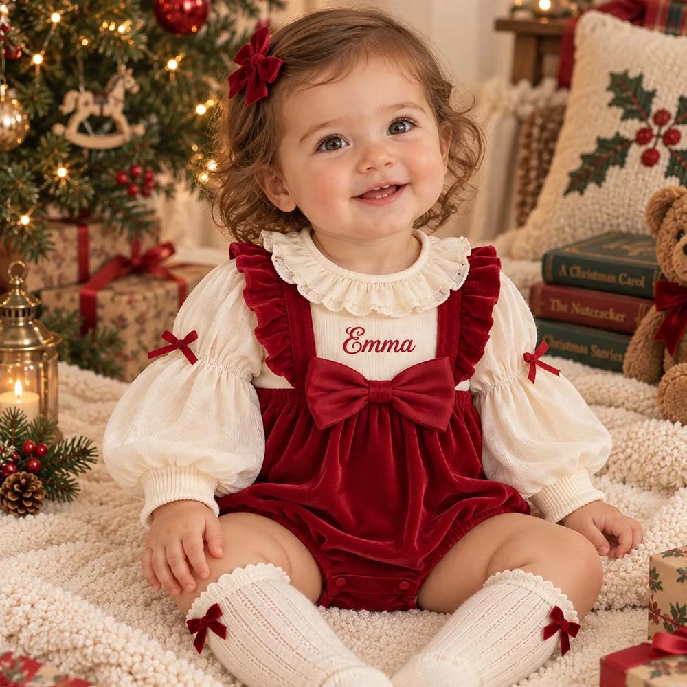 Personalized Embroidered Baby Burgundy Velvet Christmas Romper | CWBaby565