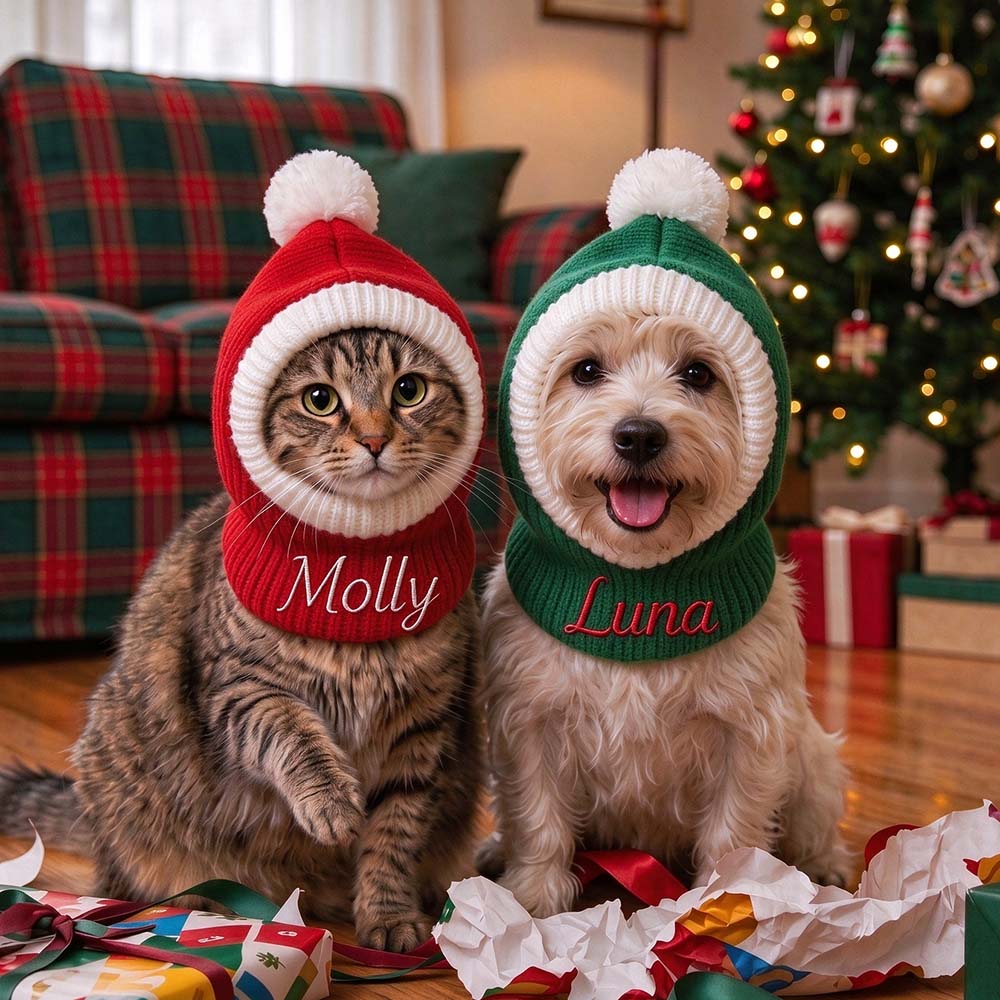 Personalized Embroidered Pets Christmas Knitted Pom Pom Snood Hat | MCGift446