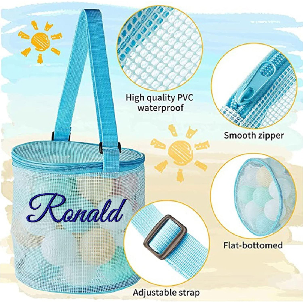 Personalized Embroidery Seashell Zipper Mesh Beach Bucket | CWBeach114