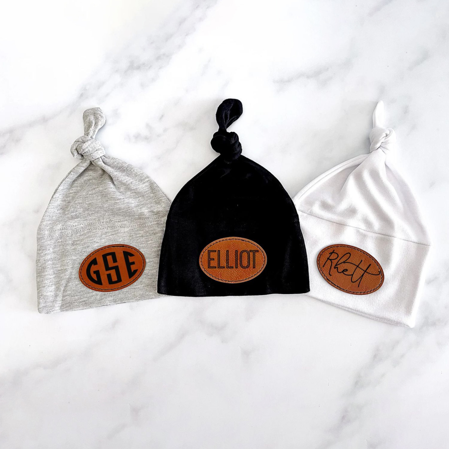 Personalized Newborn Baby Leather Patch Knot Hat | CWBaby76