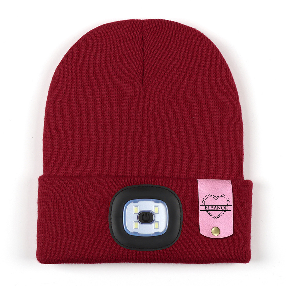 Personalized Kids Leather Tag Beanie with Headlamp | HSKid32