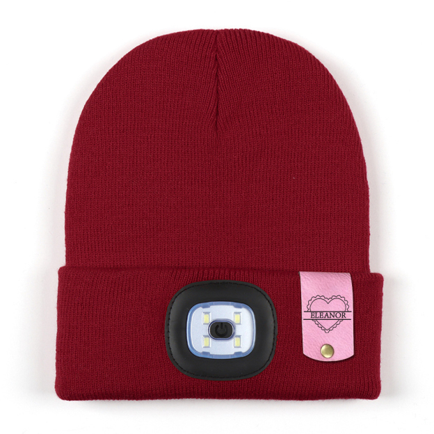 Personalized Kids Leather Tag Beanie with Headlamp | HSKid32