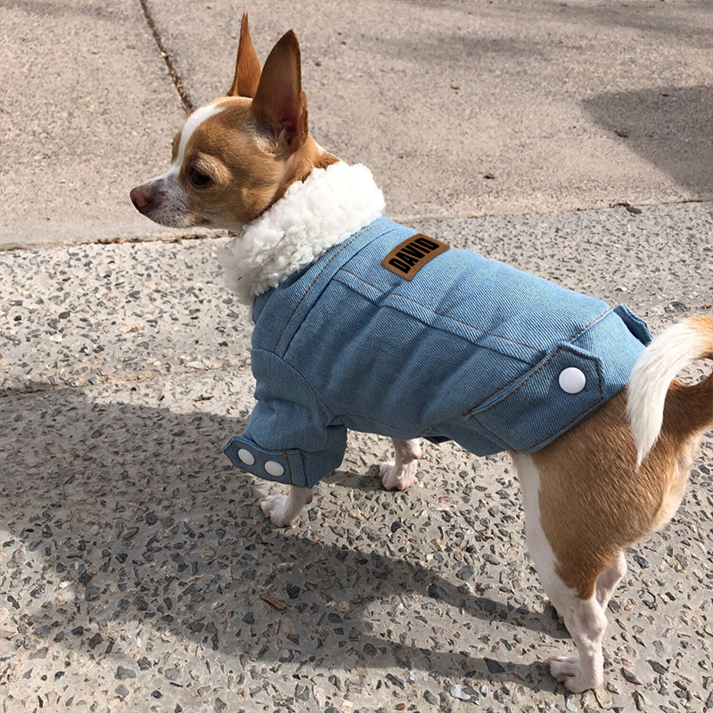 Personalized Leather Patch Pets Warm Denim Jacket | BKPet69