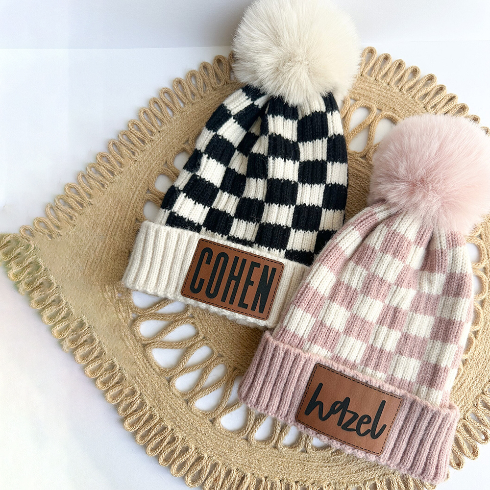 Personalized Leather Patch Checker Pom Pom Beanie | HSKid36