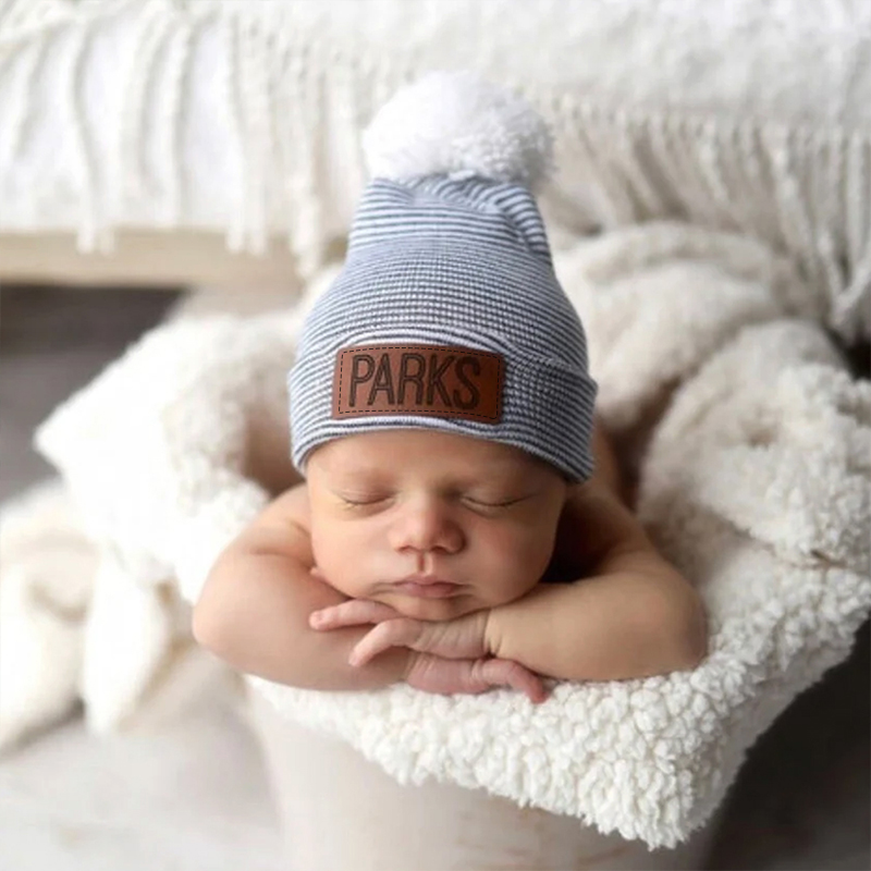 Personalized Leather Patch Pom Pom Beanie for Comfort & Unique | HSKid35