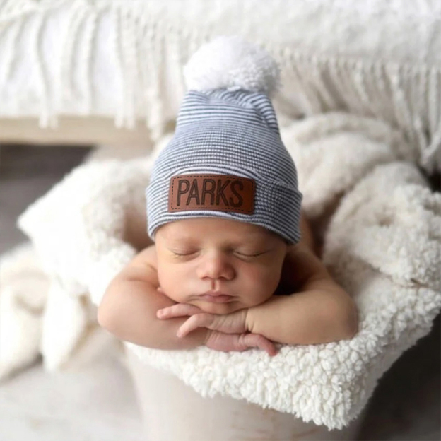 Personalized Leather Patch Pom Pom Beanie for Comfort & Unique | HSKid35