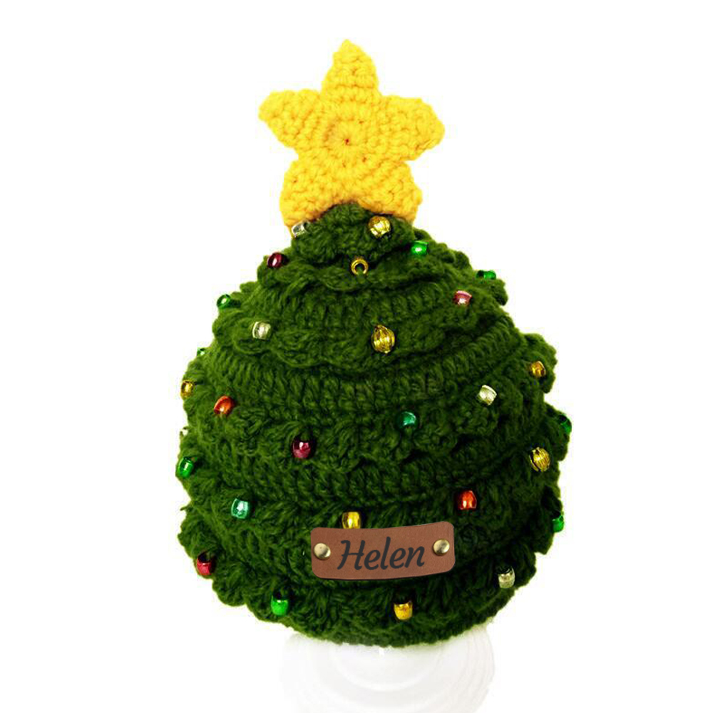 Personalized Leather Patch Christmas Tree Crochet Hat | MCGift51