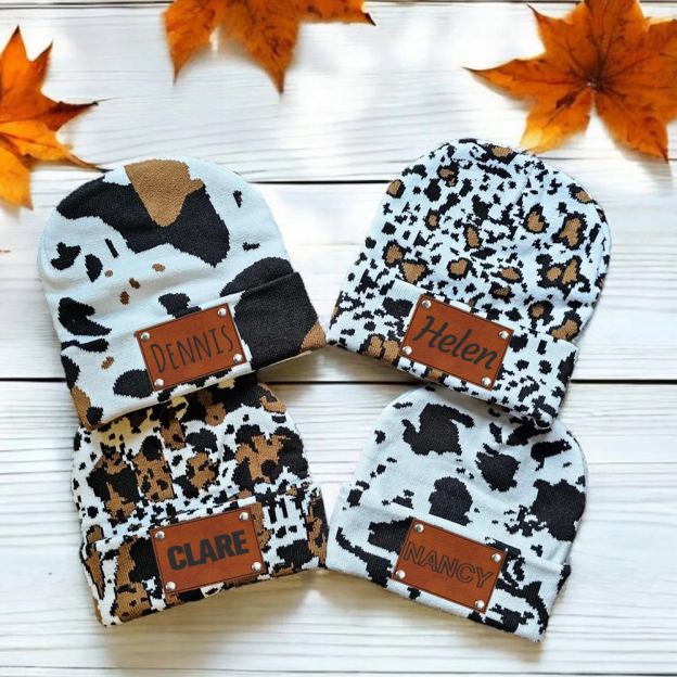 Personalized Leather Patch Cute Cow Warm Beanie | HSKid42