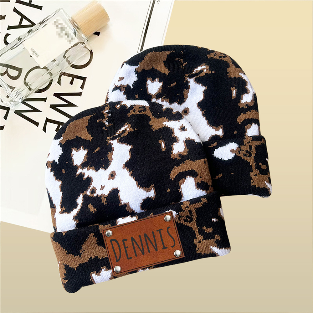 Personalized Leather Patch Cute Cow Warm Beanie | HSKid42