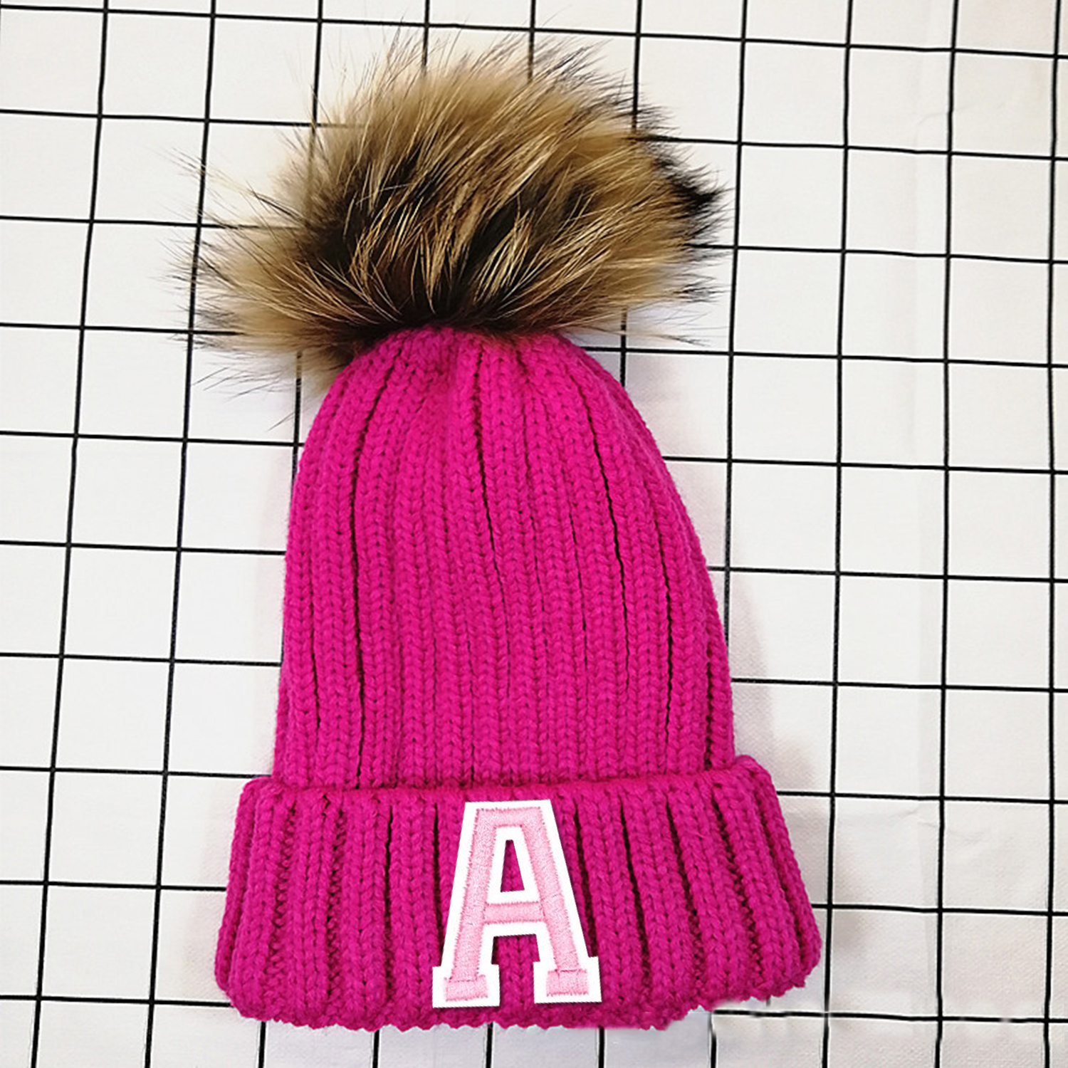 Personalized Initial Patch Pom Pom Beanie Hat | HSKid45