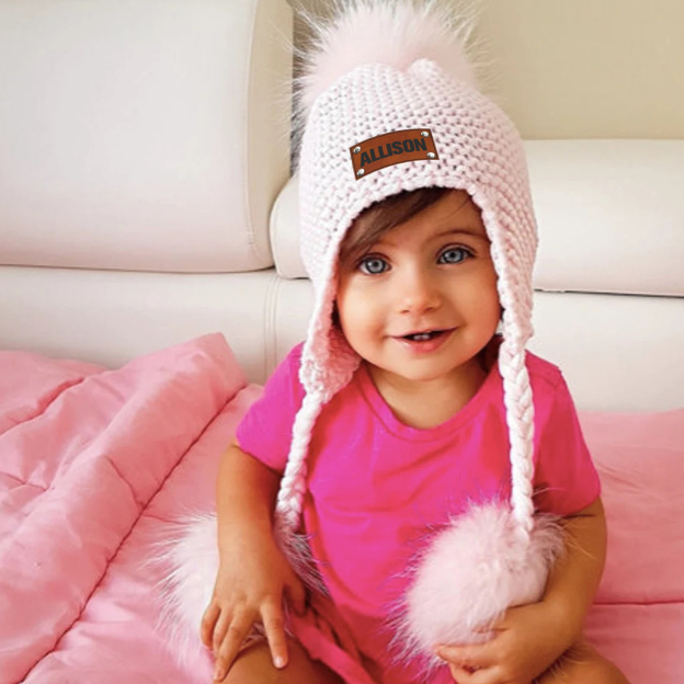 Personalized Leather Patch  Pom Pom Knit Hat With Tassels | HSKid46