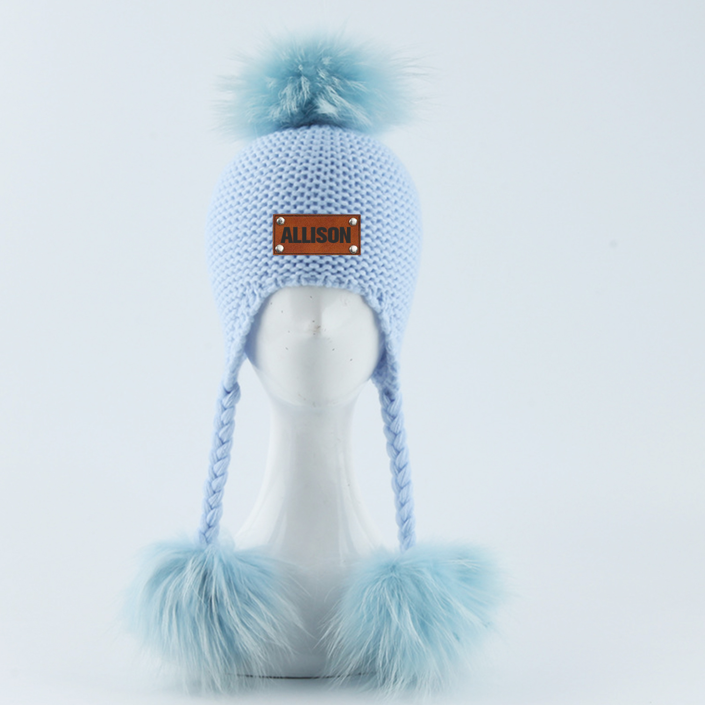 Personalized Leather Patch  Pom Pom Knit Hat With Tassels | HSKid46