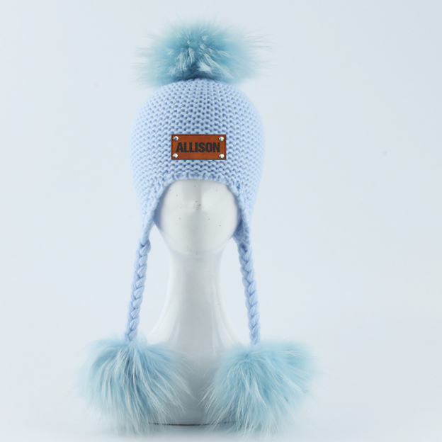 Personalized Leather Patch  Pom Pom Knit Hat With Tassels | HSKid46