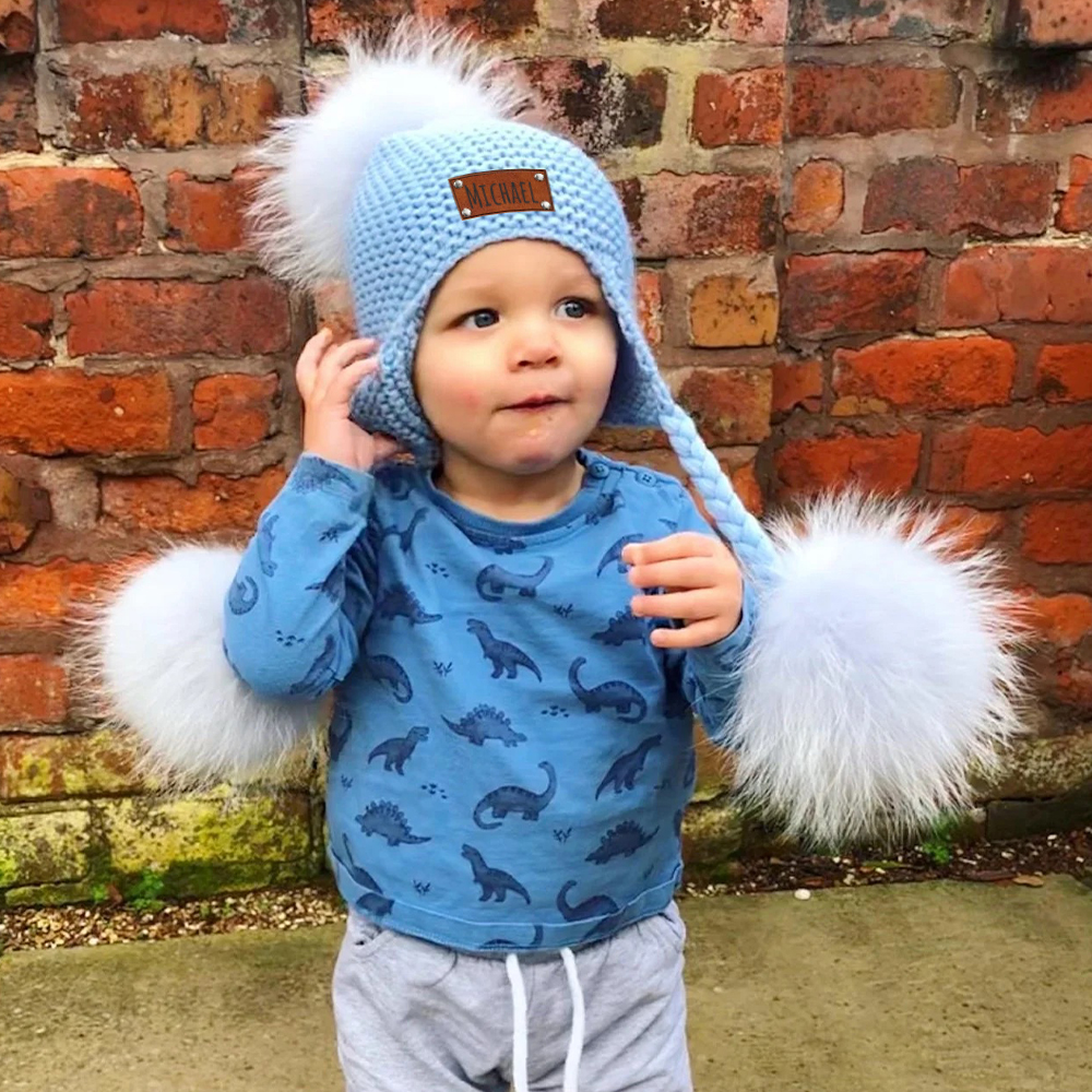 Personalized Leather Patch  Pom Pom Knit Hat With Tassels | HSKid46
