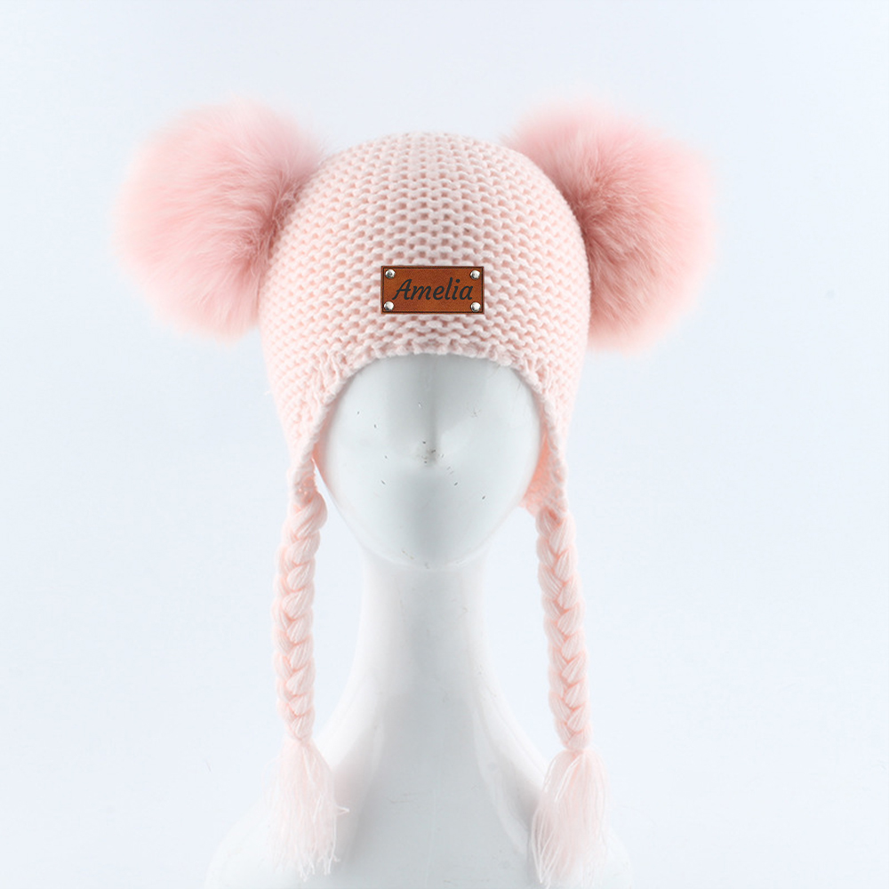 Personalized Leather Patch Pom Pom Knit Hat With Tassels | HSKid47