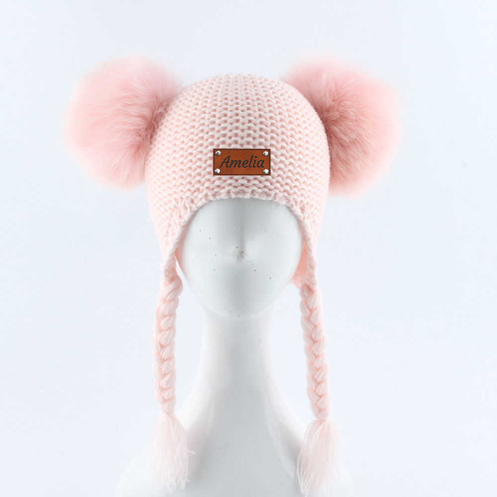 Personalized Leather Patch Pom Pom Knit Hat With Tassels | HSKid47