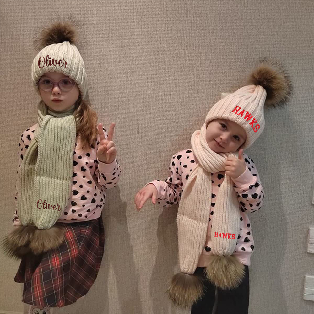 Personalized Embroidery Kid Pom Pom Hat With Scarf | HSKid48