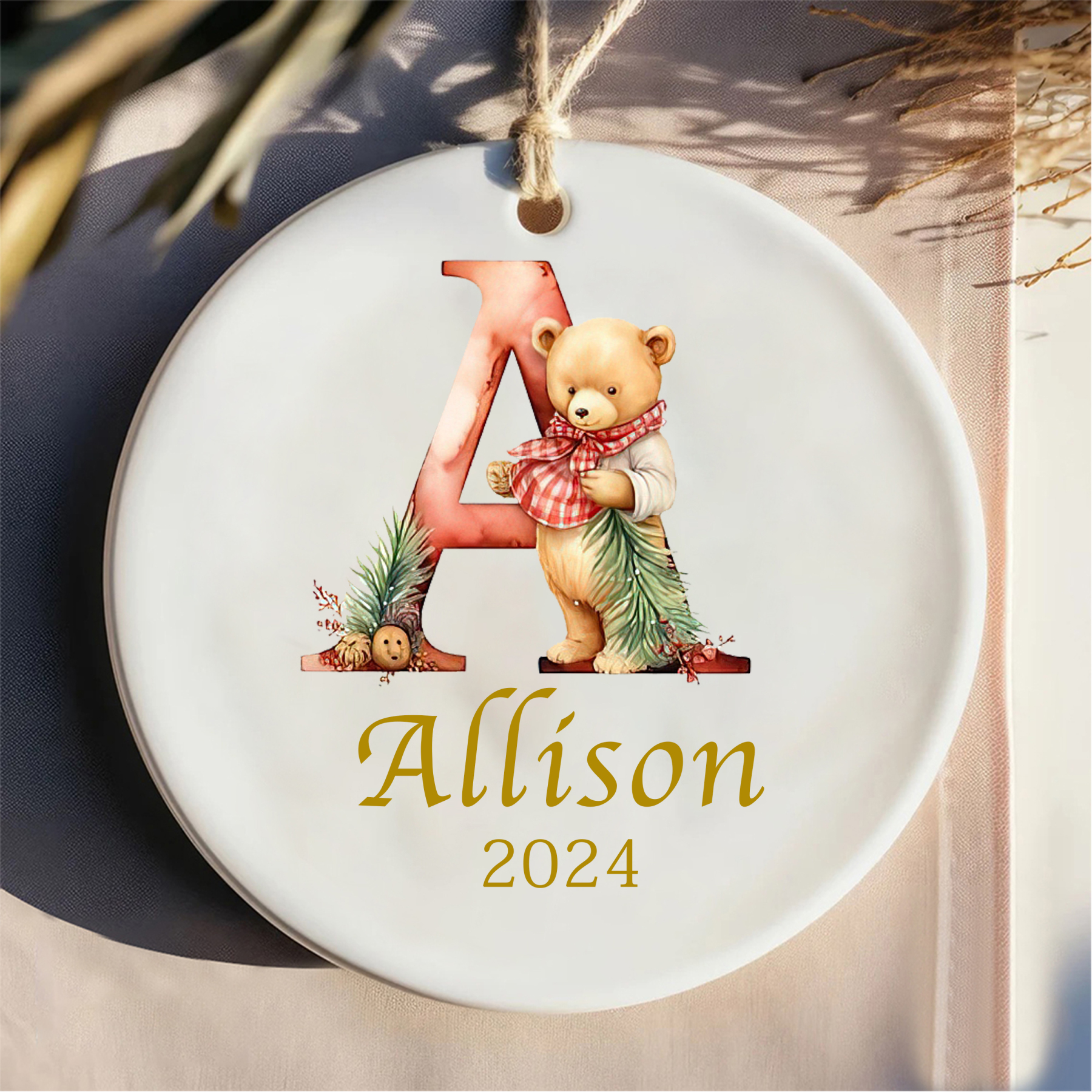Personalized Christmas Teddy Bear Monogram Ornaments Decoration | MCGift5712
