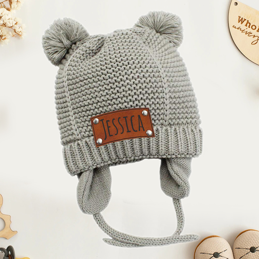 Personalized Leather Patch Pom Pom Knit Hat With Tassels | HSKid50