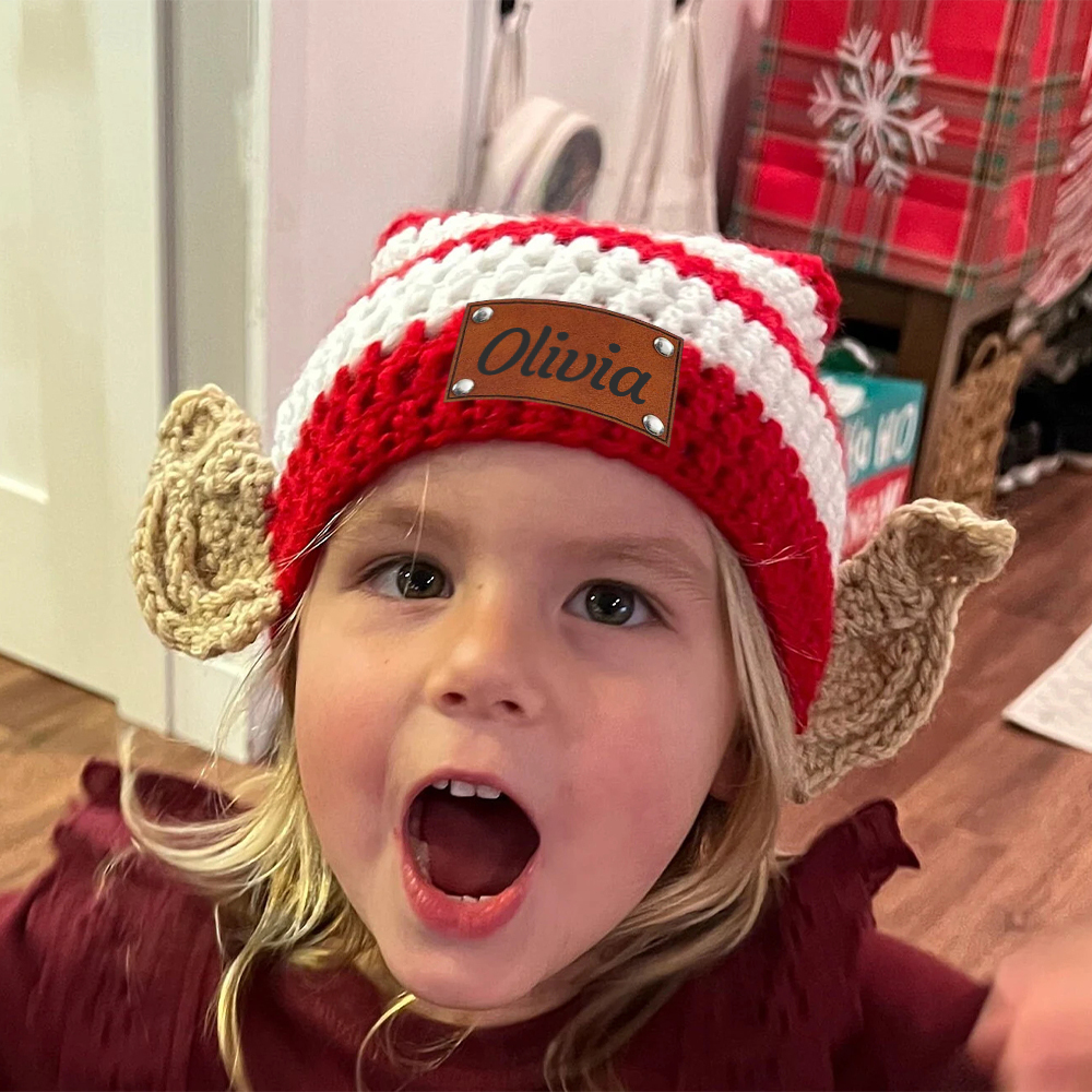 Personalized Crochet Leather Patch Christmas Elf Hat With Ears | MCGift70