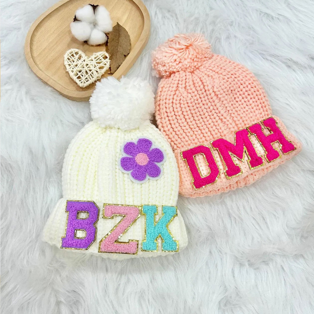 Personalized Lovely Chenille Patch Pom Pom Beanie| HSKid52