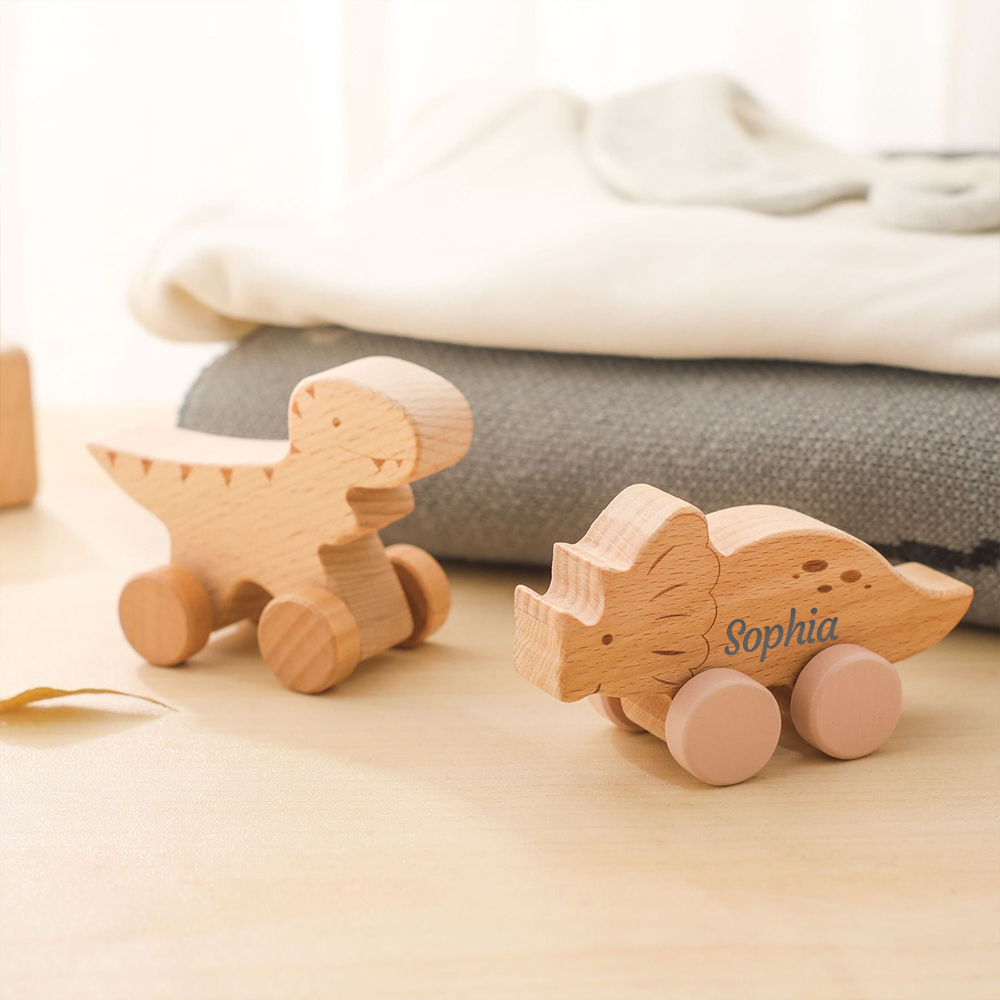 Personalized Natural Wooden Early Education Dinosaur Cars Toy Trolley | CWToy103