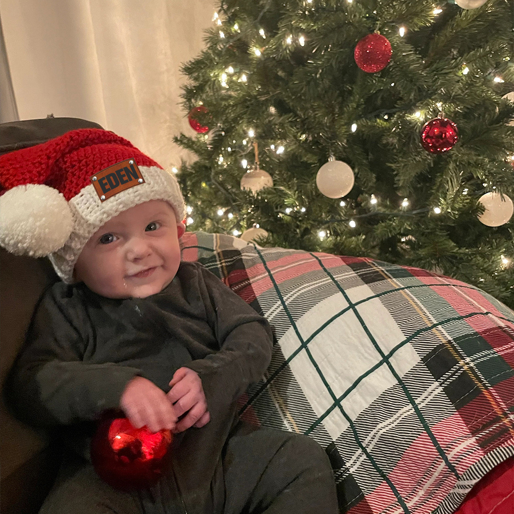 Personalized Leather Patch Crochet Christmas Santa Hat | MCGift98