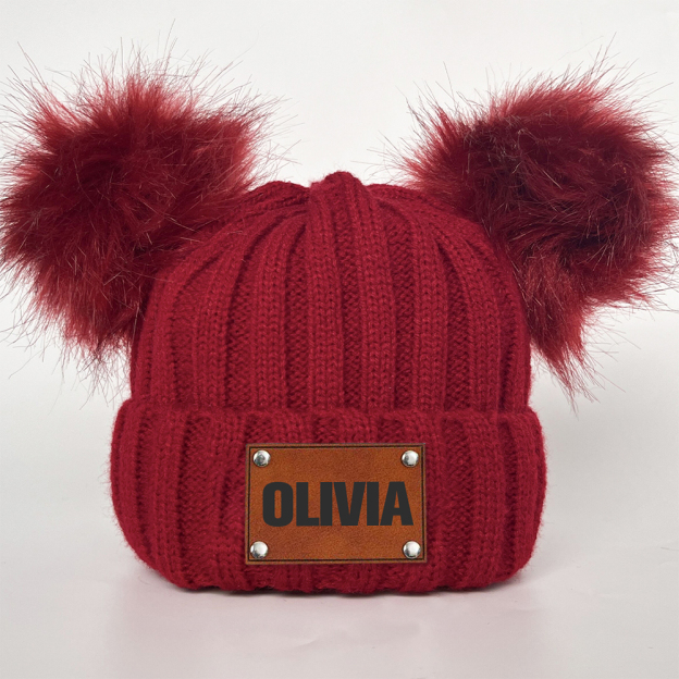 Personalized Leather Patch Kid Pom Pom Hat and Scarf | HSKid0101