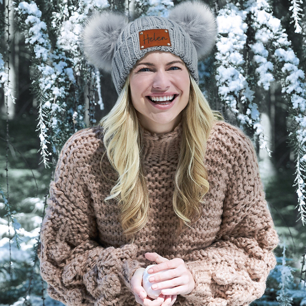 Personalized Leather Patch Kid Pom Pom Hat and Scarf | HSKid0101