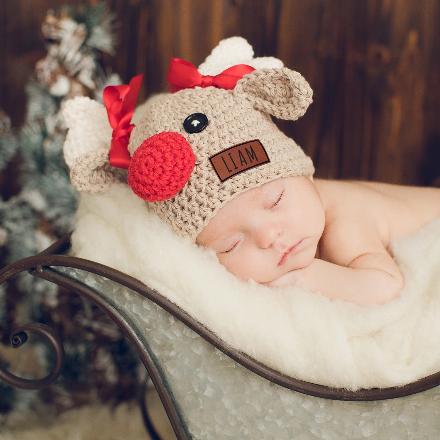 Personalized Leather Patch Christmas Elk Crochet Hat | MCGift112