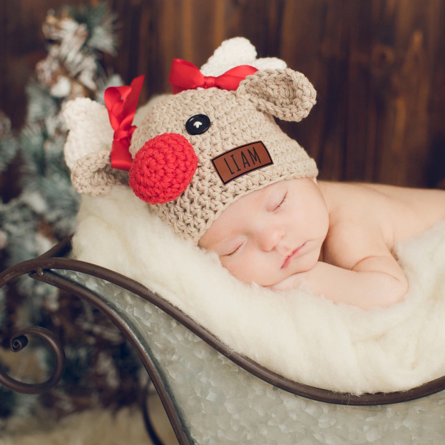 Personalized Leather Patch Christmas Elk Crochet Hat | MCGift112