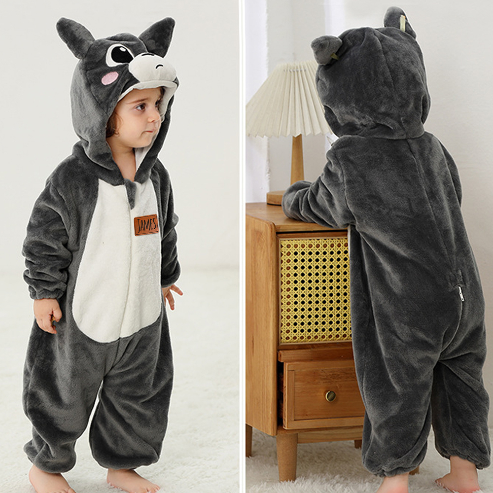 Personalized Leather Patch Baby Animal Warm Onesie  | CWBaby284