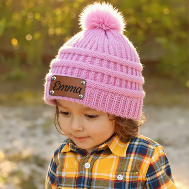 Personalized Leather Patch Kid Colorful Pom Pom Hat | HSKid63