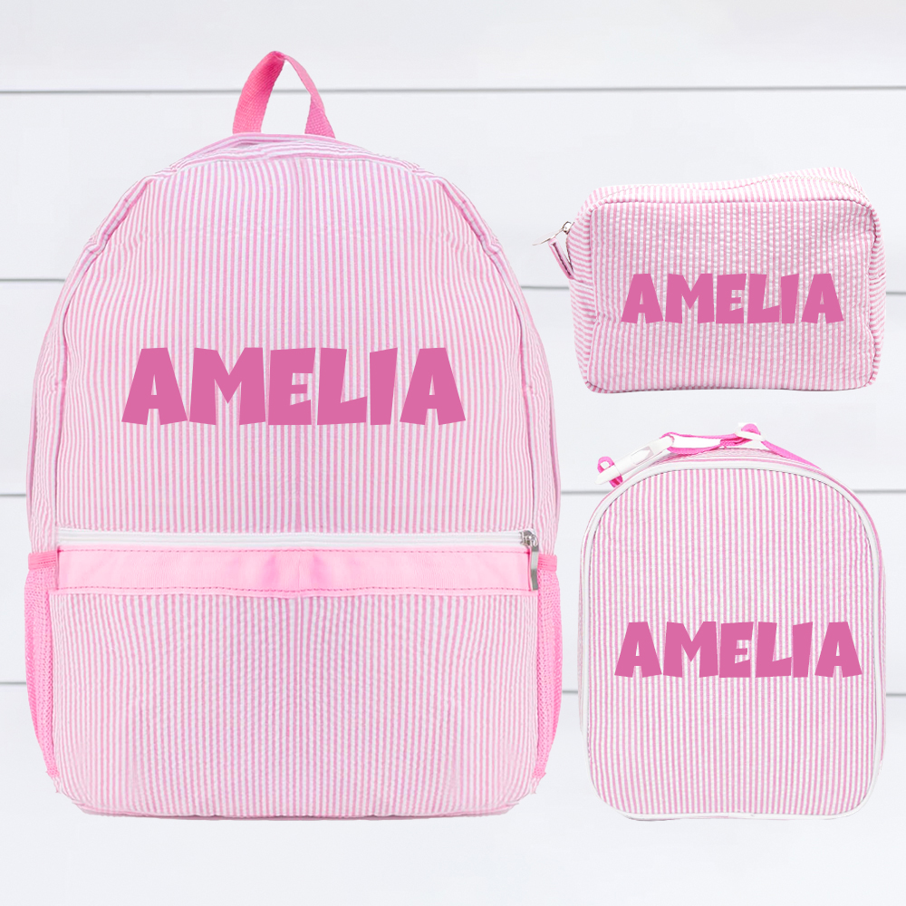 Personalized Chenille Patch Kids Seersucker School Backpack Set