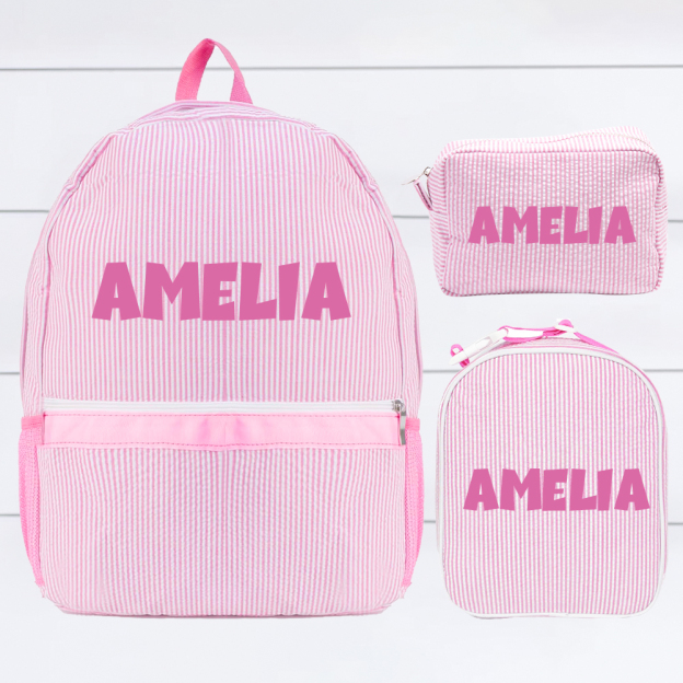 Personalized Chenille Patch Kids Seersucker School Backpack Set