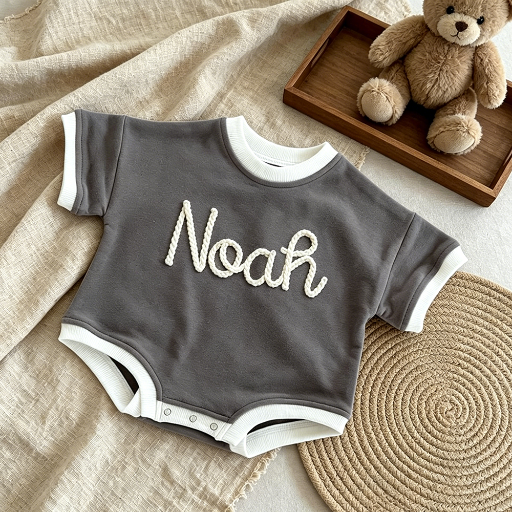 Personalized Hand Embroidered Short Sleeve Baby Bubble Romper | CWBaby503