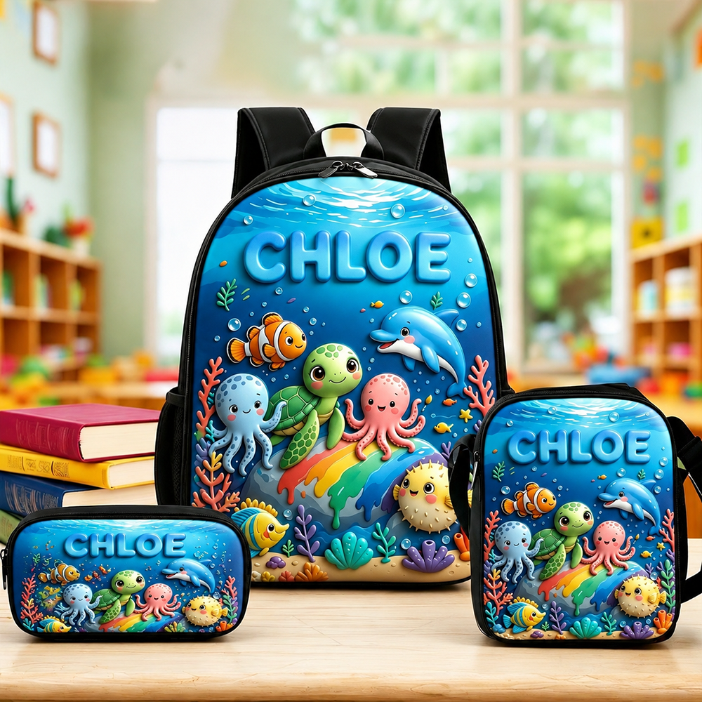 Personalized Kid Adorable Ocean Animals Backpack Set | CWPack383