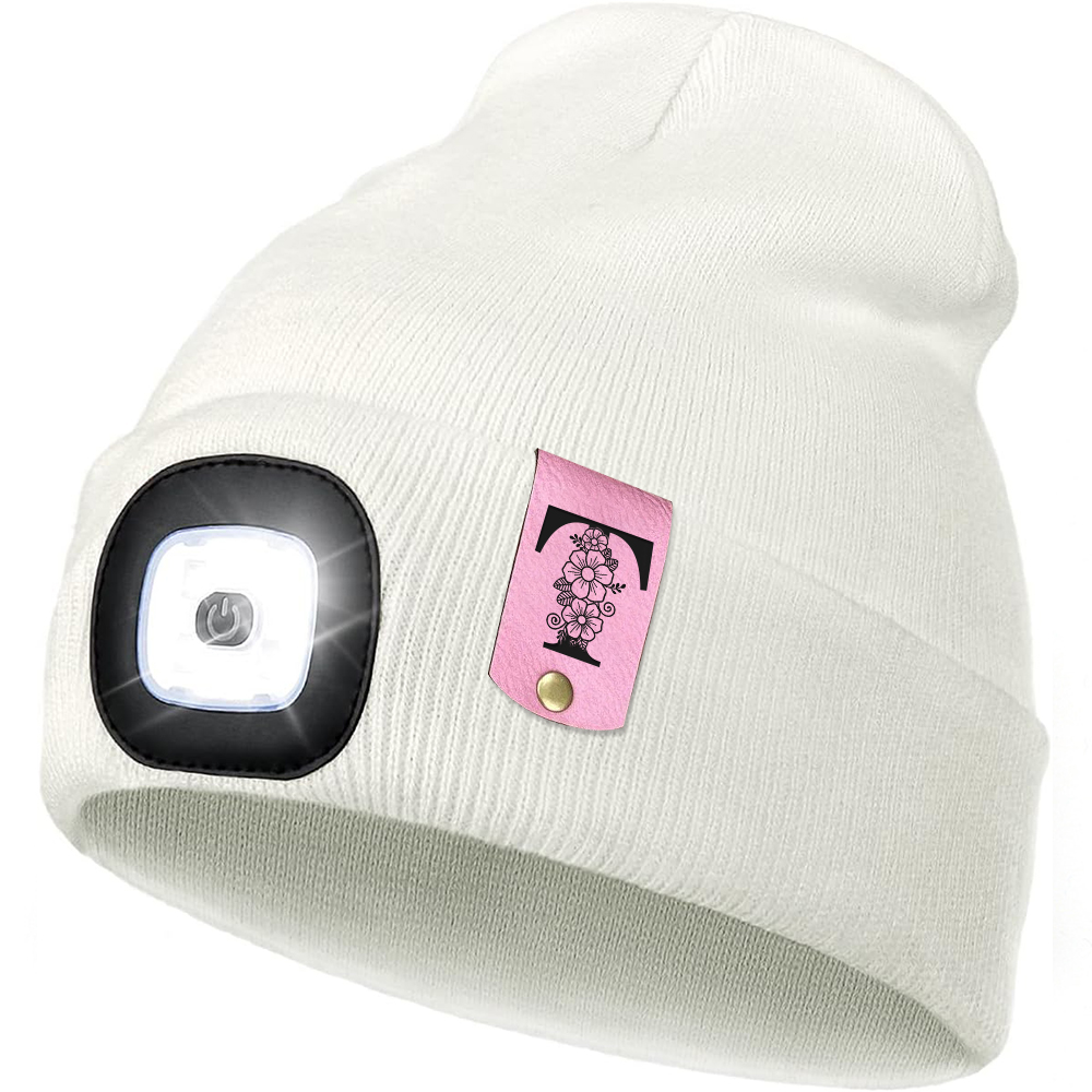 Personalized Kids Leather Tag Beanie with Headlamp | HSKid32