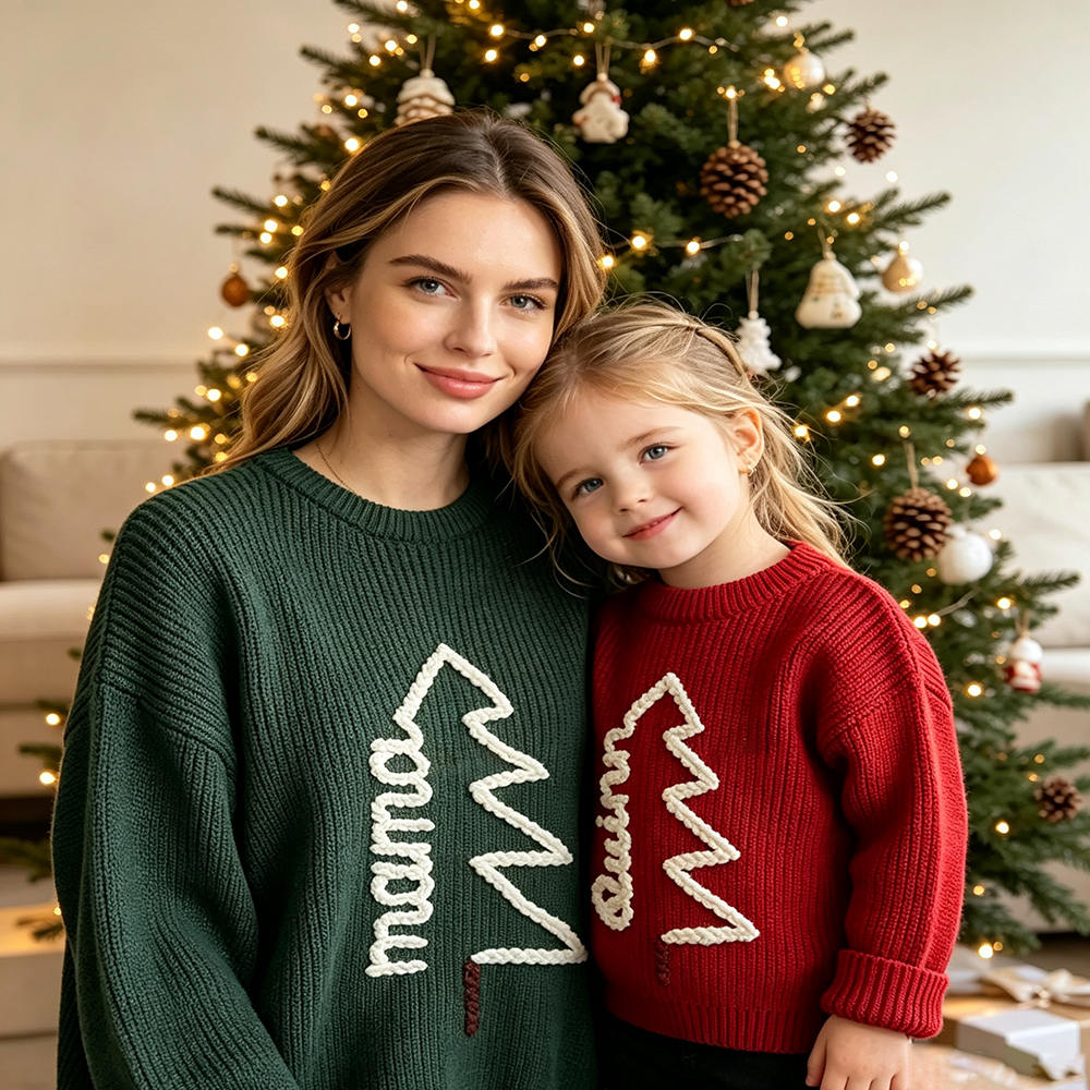 Personalized Hand Embroidered Christmas Tree With Name Sweater | MCGift370