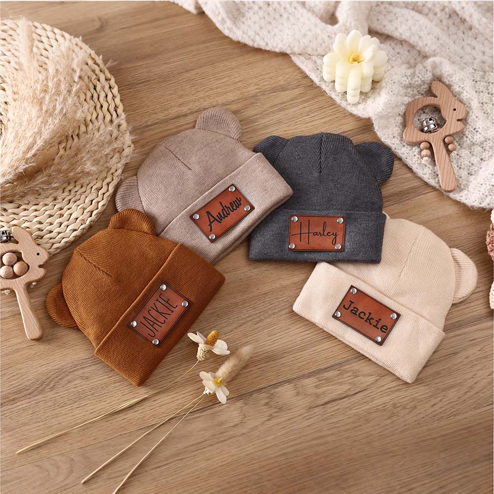 Personalized Leather Patch Kid Beanie Hat With Bear Ears | HSKid92