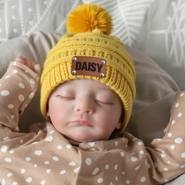 Personalized Leather Patch Kid Colorful Pom Pom Hat | HSKid63