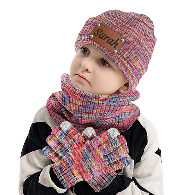 Personalized Leather Patch Kid Winter Hat Glove Scarf Set | HSKid69