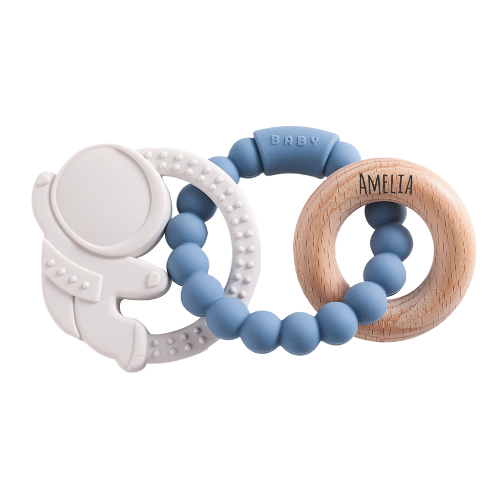 Personalised Baby Food Silicone & Wooden Sensory Teething Ring | CWToy162