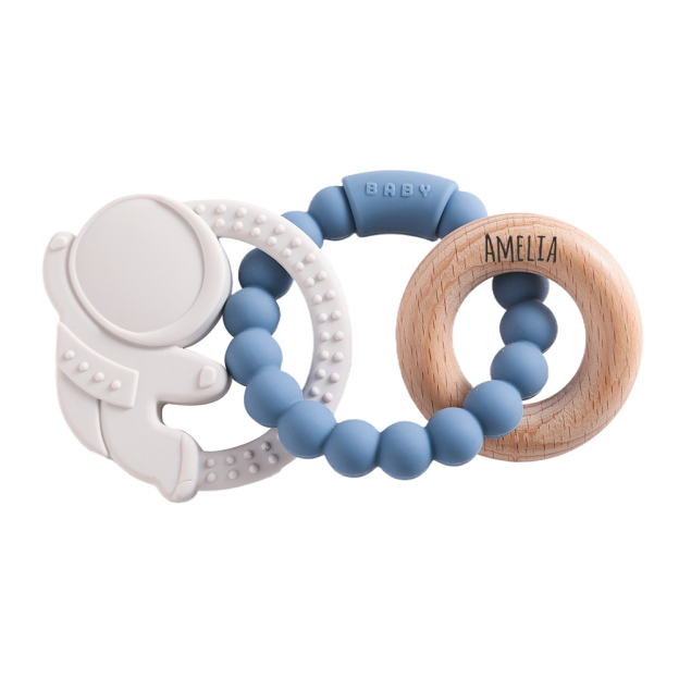 Personalised Baby Food Silicone & Wooden Sensory Teething Ring | CWToy162